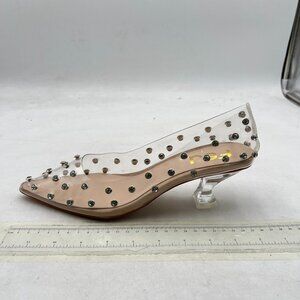 FSJ Transparent Clear Pumps Kitten Low Heels Rhinestones Studs Slip On Shoes
